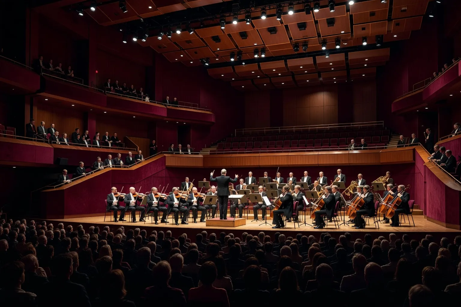Salle de concert contemporaine avec orchestre symphonique sur scene, public attentif, lumiere chaleureuse de salle de musique.