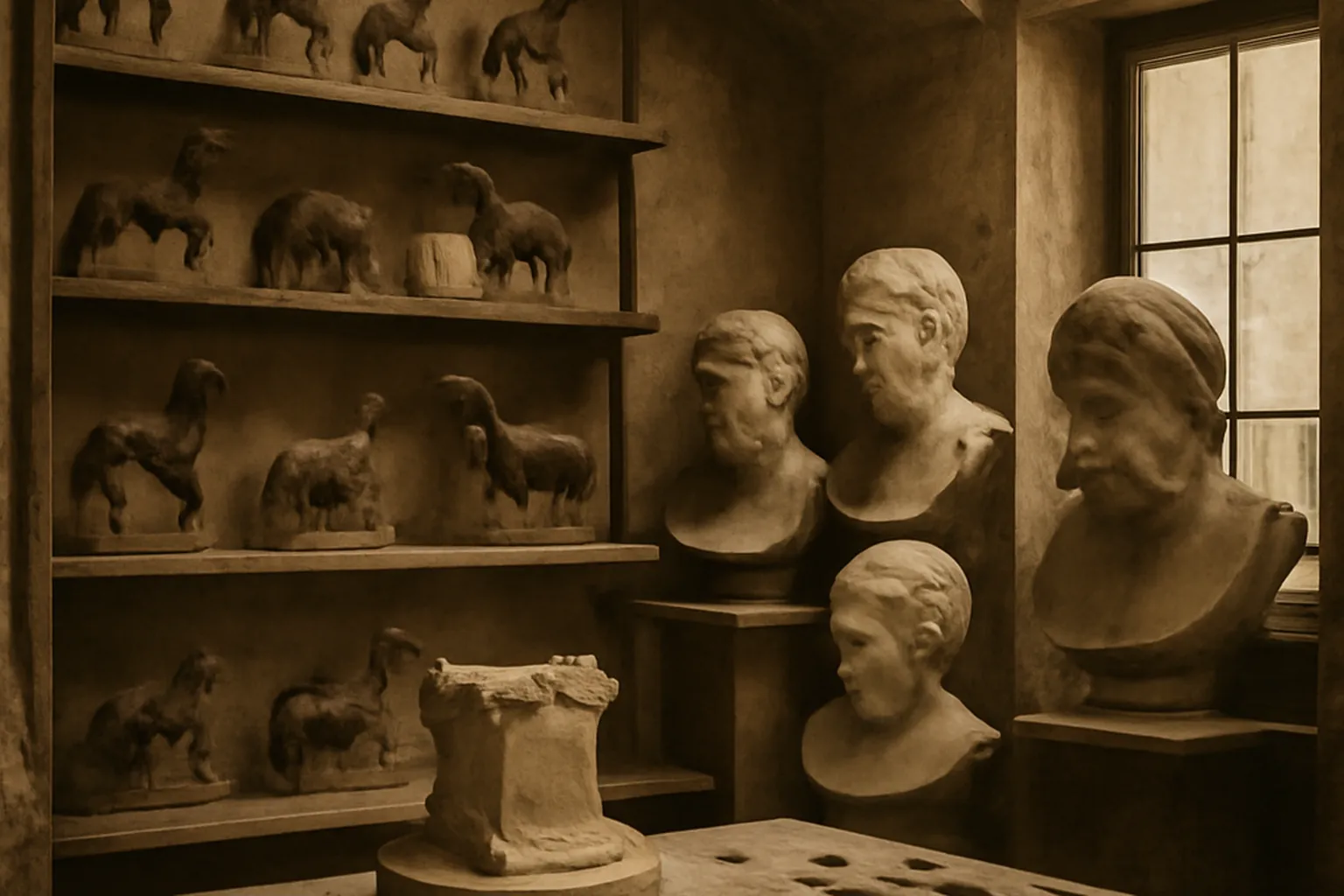 Bronze anime de chevaux en course, atelier de sculpteur XIXe siecle, lumiere naturelle d'atelier.