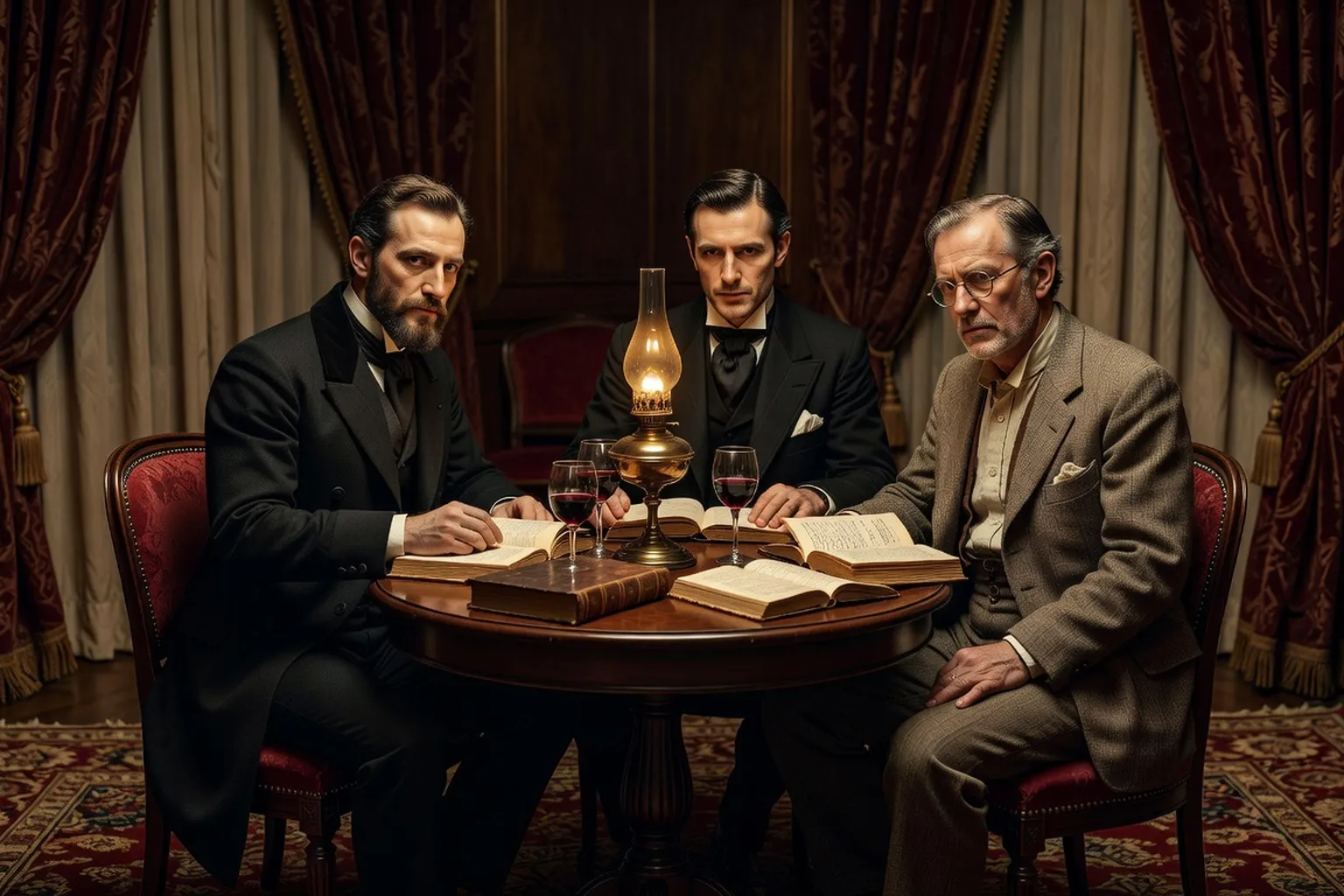 Salon parisien du XIXe siecle avec ecrivains autour d'une table, lampe a huile, livres ouverts, ambiance litteraire intime.